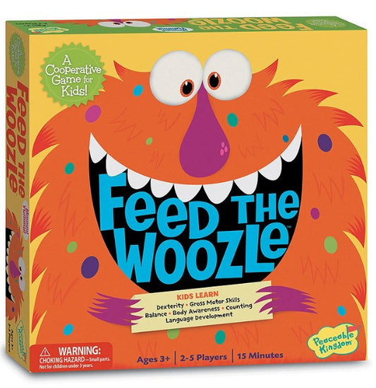 Board game box for 'Feed the Woozle' with a colorful monster design on the packaging.