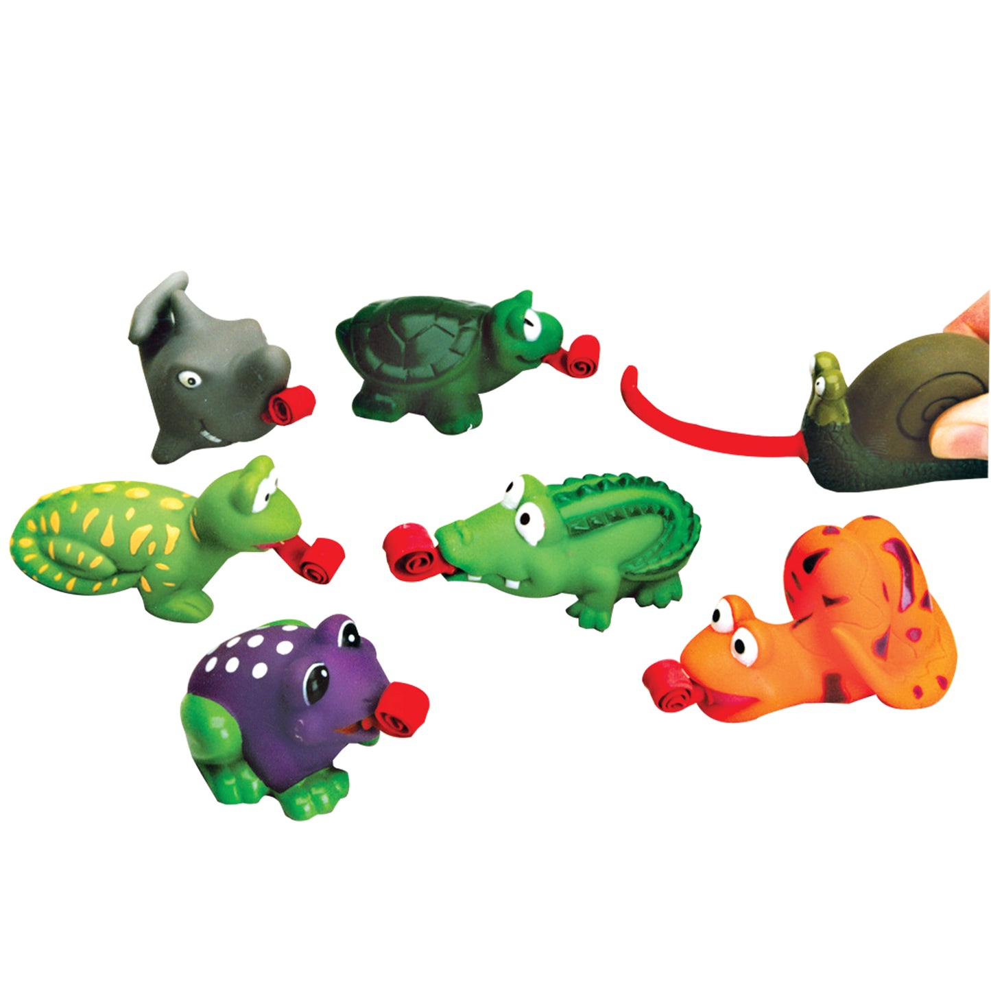 Colorful toy lizards on a white background