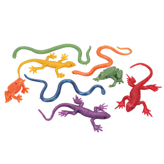 Colorful plastic lizards on a white background