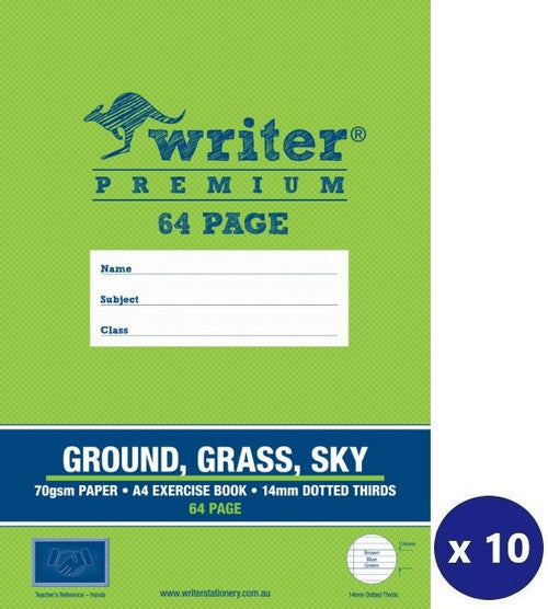 WRITER PREMIUM A4 64PG GROUND/GRASS/SKY EXERCISE BOOK 14MM DOTTED THIRDS HANDS 297X210MM