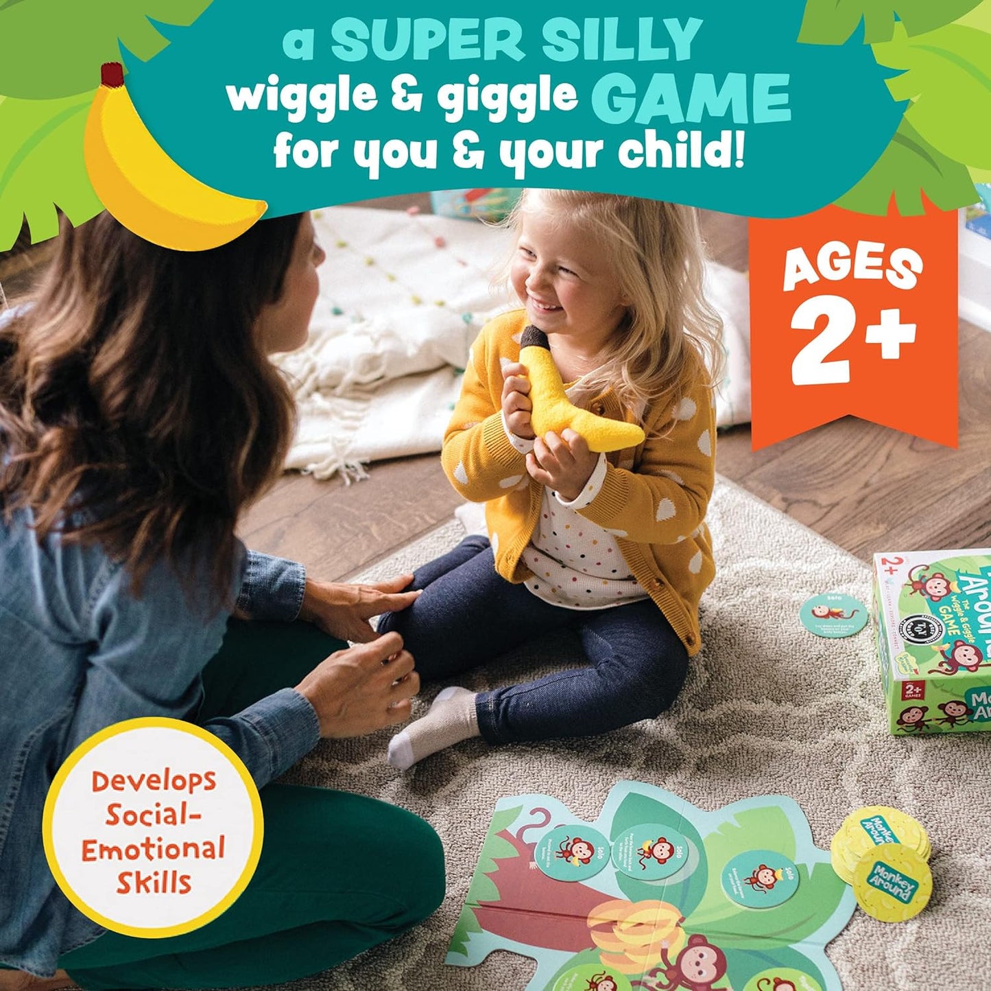 Monkey Around The Wiggle and Giggle Game with tree board and banana bean bag