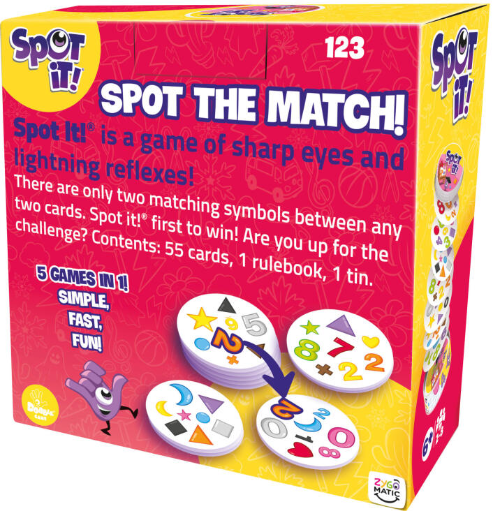 Spot It! 1,2,3 numbers and shapes matching card game tin