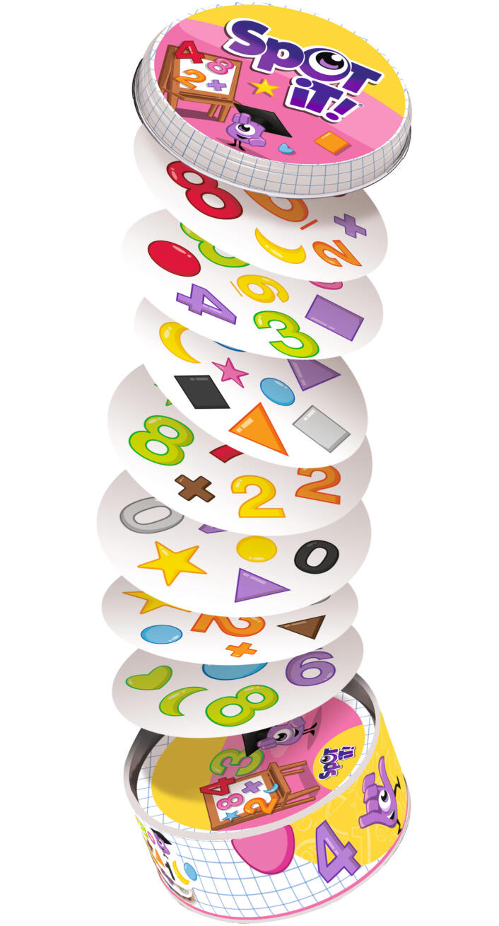 Spot It! 1,2,3 numbers and shapes matching card game tin