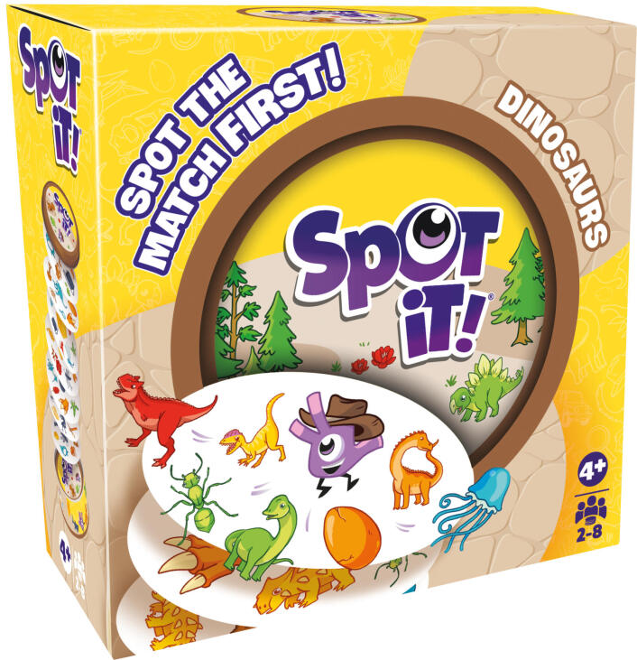 Spot It! Dinosaurs matching card game tin with dinosaur illustrations