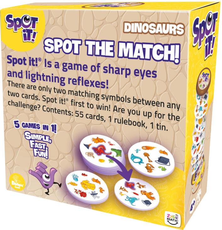 Spot It! Dinosaurs matching card game tin with dinosaur illustrations