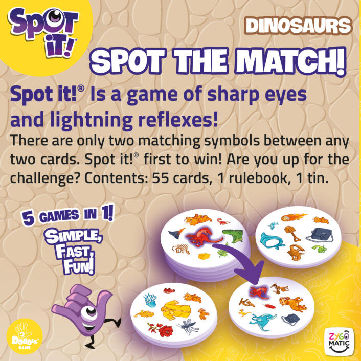 Spot It! Dinosaurs matching card game tin with dinosaur illustrations