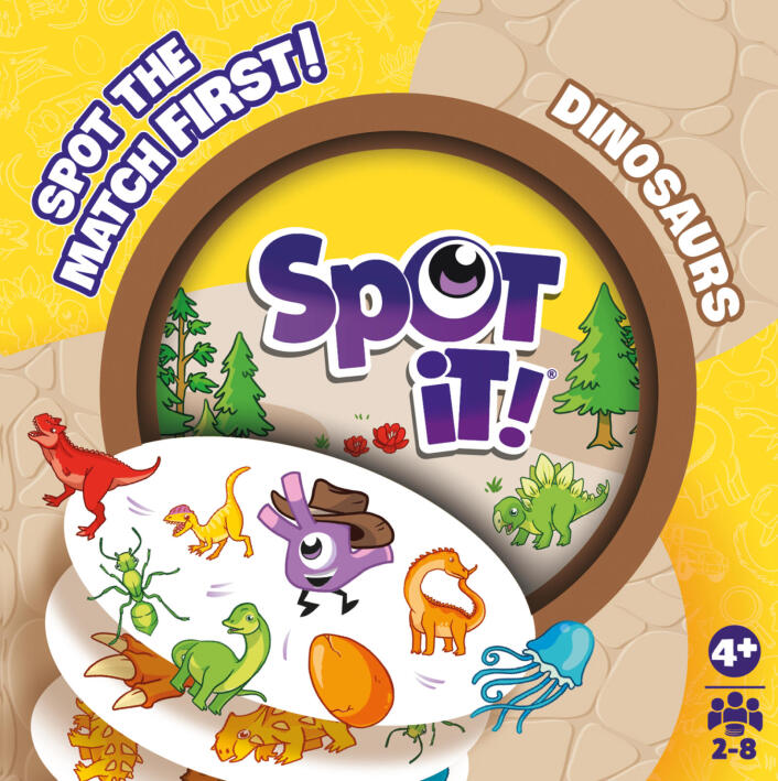 Spot It! Dinosaurs matching card game tin with dinosaur illustrations