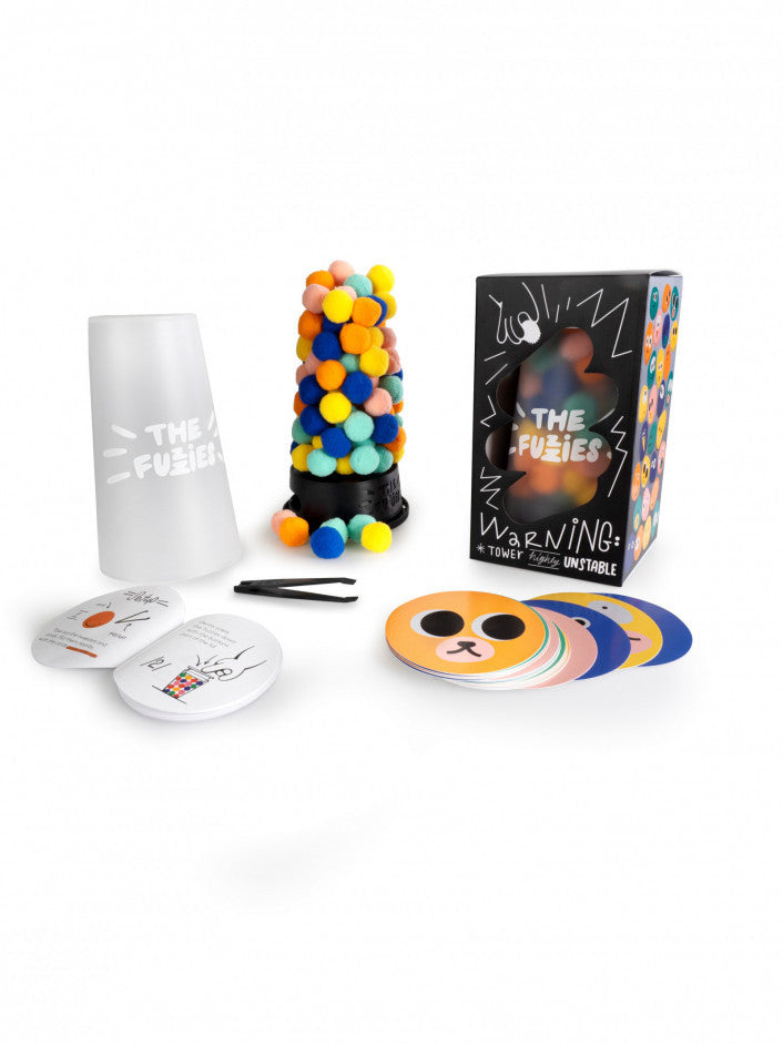 The Fuzzies tactile fuzzy pom-pom tower balancing game with tweezers