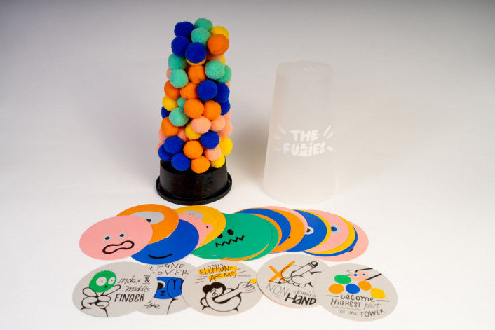 The Fuzzies tactile fuzzy pom-pom tower balancing game with tweezers